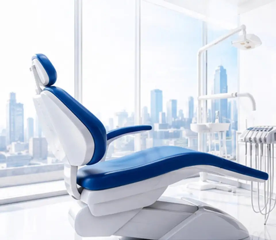 Bright modern dental operatory with a blue treatment chair beside floor-to-ceiling windows overlooking a city skyline